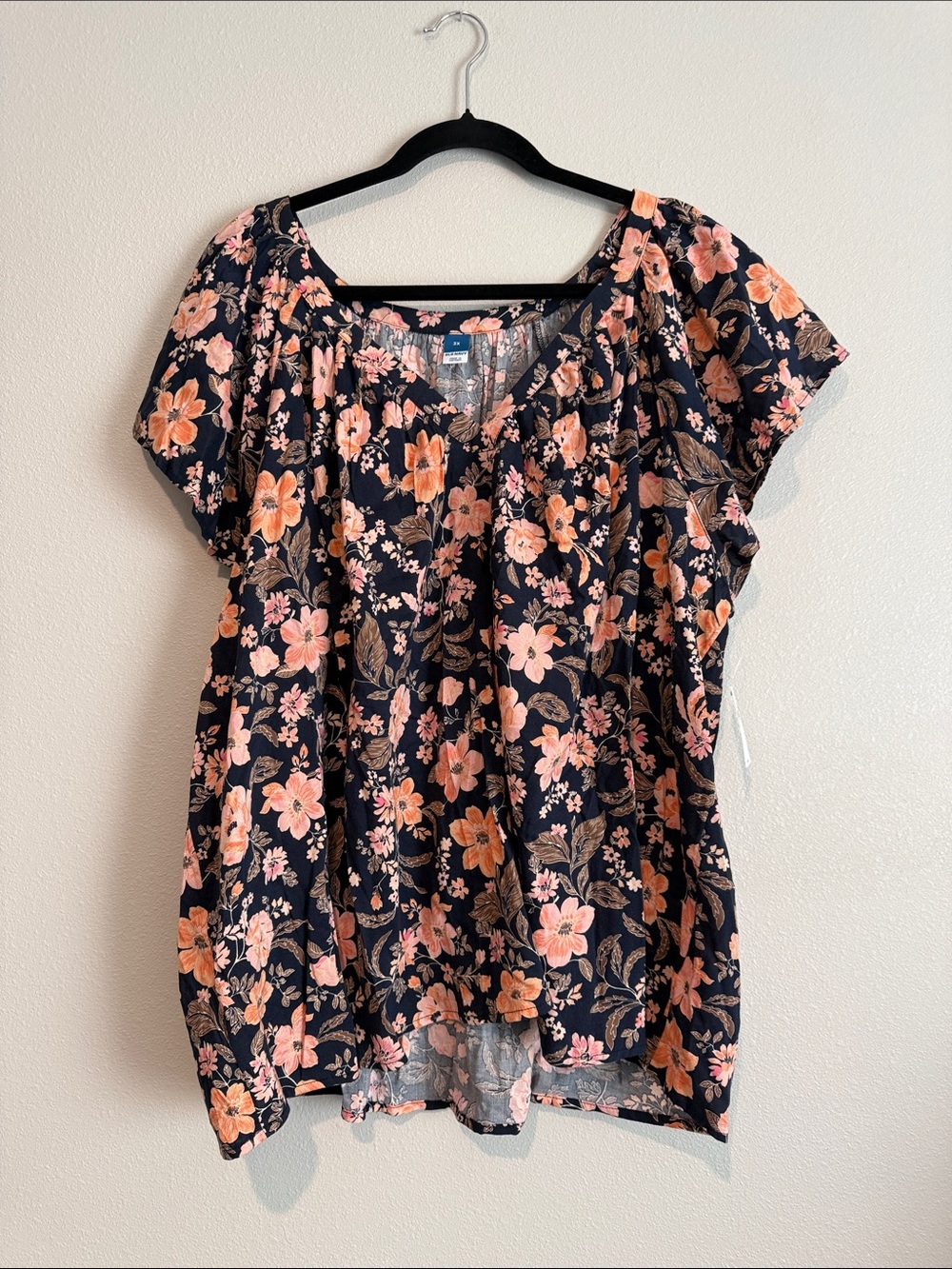 Old Navy Navy Floral Peasant Blouse with Pink and Orange Blooms